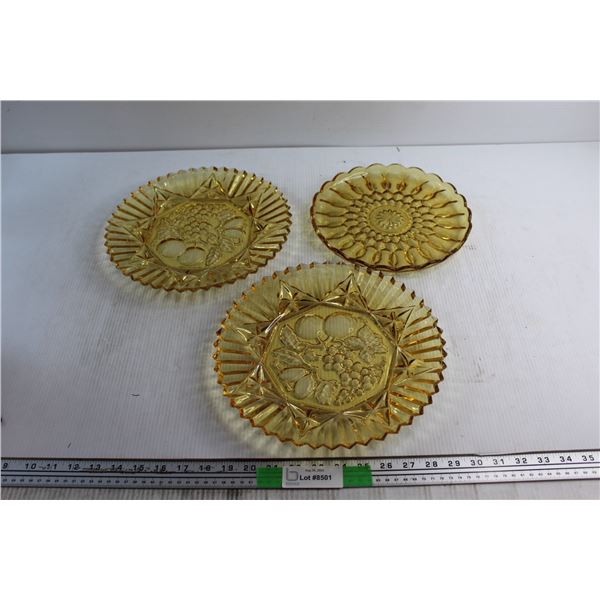 (3)  Amber Glass Plates  - (2) Pioneer Intaglio Fruit Saw Toothed Rim Dishs