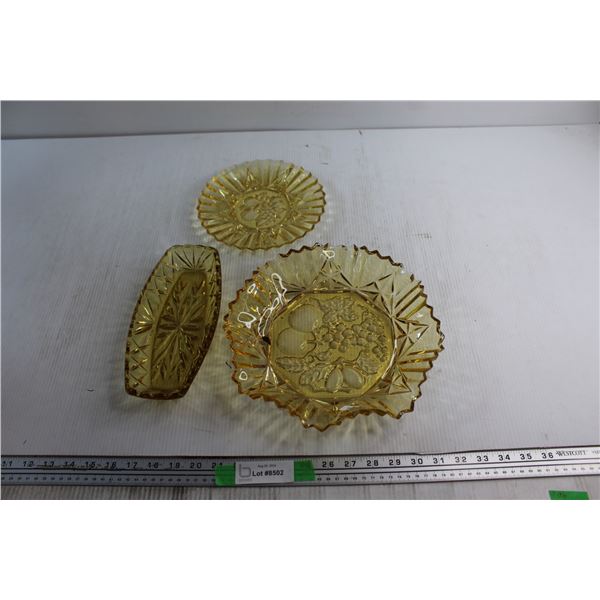 (3)  Amber Glass Plates  - (2) Pioneer Intaglio Fruit Saw Toothed Rim Dishs