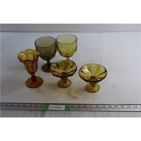 (5) Assorted Amber Glass Glassware