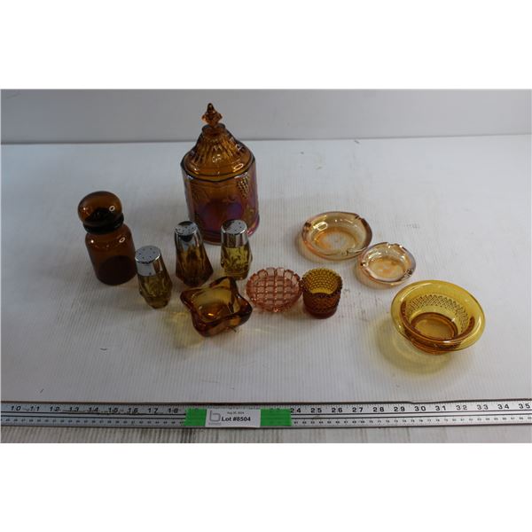 Amber Glass Salt & Pepper Shakers, Carnival Glass Ashtrays, Tobacco Jar and Assorted Glassware