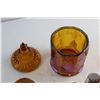 Image 6 : Amber Glass Salt & Pepper Shakers, Carnival Glass Ashtrays, Tobacco Jar and Assorted Glassware