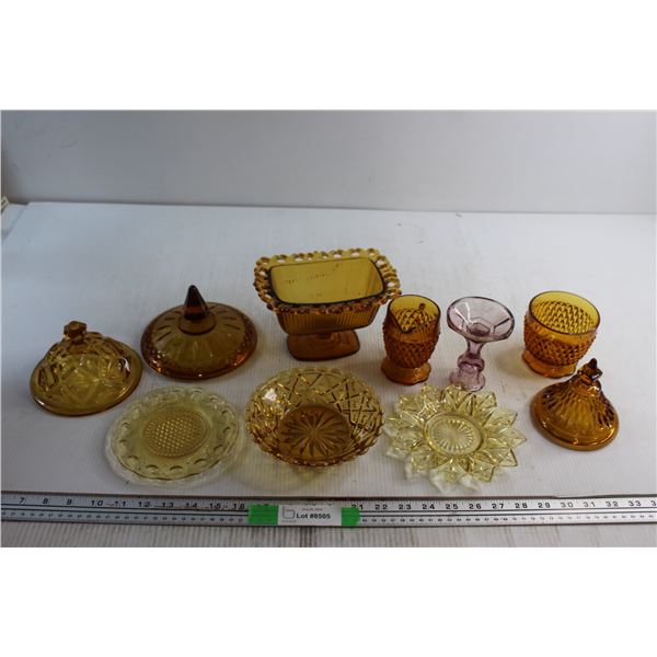 (9) Assorted Amber Glass Items - Pickle Plates, Cream and Sugar, Lids