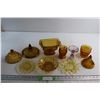 Image 1 : (9) Assorted Amber Glass Items - Pickle Plates, Cream and Sugar, Lids