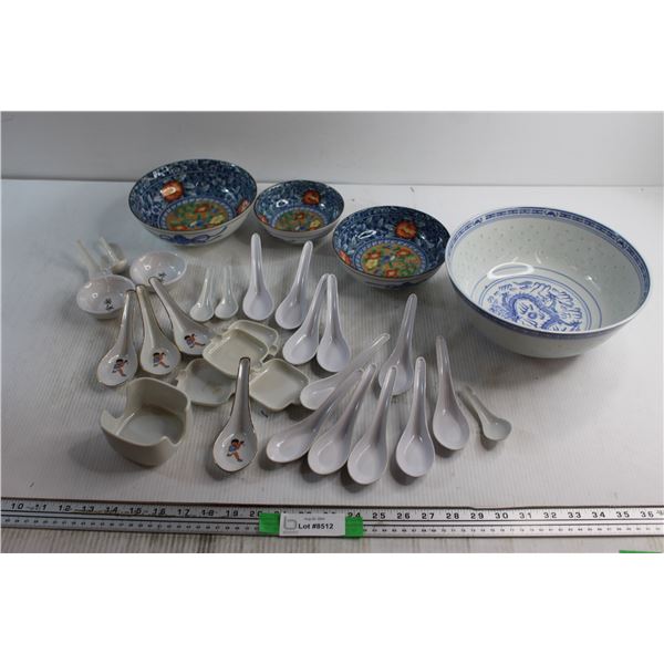 Japanese Soup Bowls and Lots of Assorted Spoons