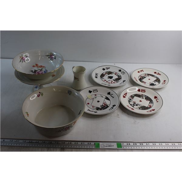 (2) Bowls, (4) Playing Cards Themed Plates, Creamer and Stand Plate