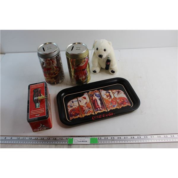 Coca Cola Tray, (2) Piggy Banks, Plush Bear and Tin Case with Lock