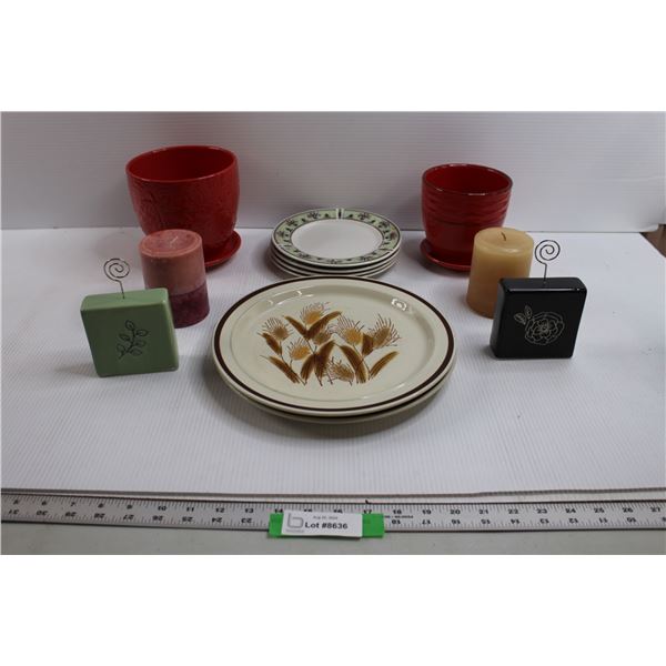 (6) Plates, (2) Candles, Misc.