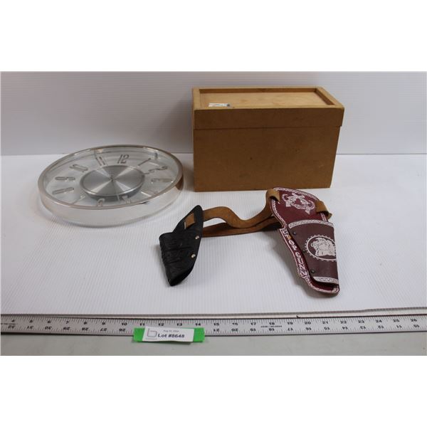 Toy Gun Holster, Clock - Untested, Wooden Box