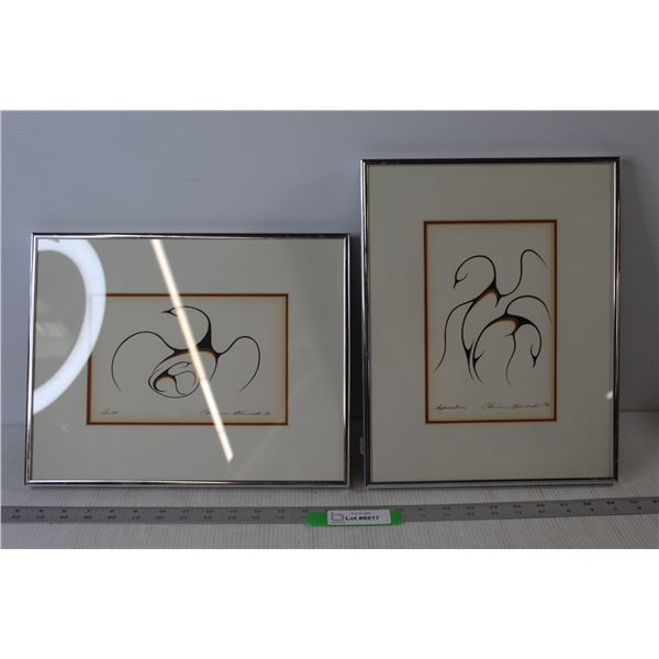 Clemence Wescoupe Bird Print Separated Dated and Signed, Clemence Wescoupe Birth Bird Print Dated an