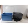 Image 1 : Wooden Crate, Pair of Black and White Fila Size 8 Running Shoes, Sterilite Plastic Tub Container