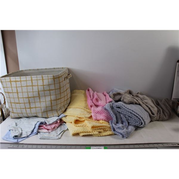 (7) Assorted Baby Blankets, (8) Baby Clothes, With Basket