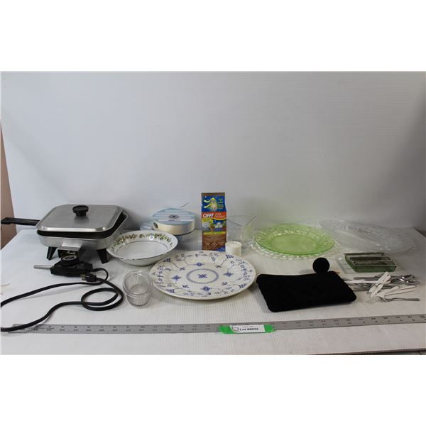 (5) Plates, Nitto Ware By Noritake Bowl, Toastess Electric Skillet, Off! Lantern Candle, Women's Han