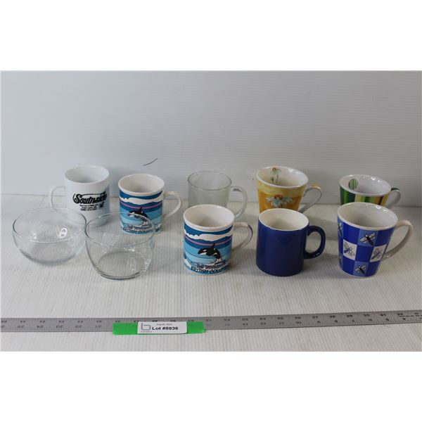 (8) Assorted Mugs, (2) Small Glass Bowls