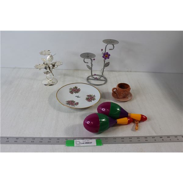 (2) Candle Holders, Anna Perenna Porcelain Dish, Miniature Clay Cup, Pair of Maracas