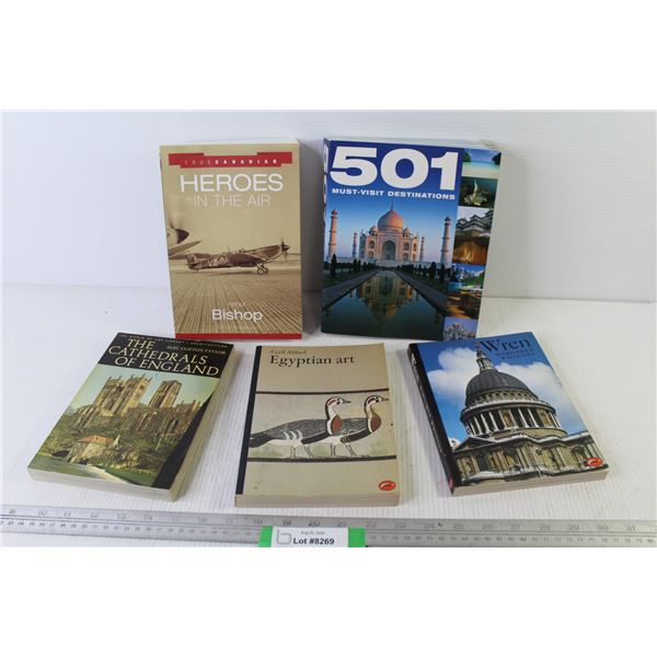 (5) Books - Wren - Egyptian Art - Heros in The Air - Cathedrals in England - Must-Visit Destinations