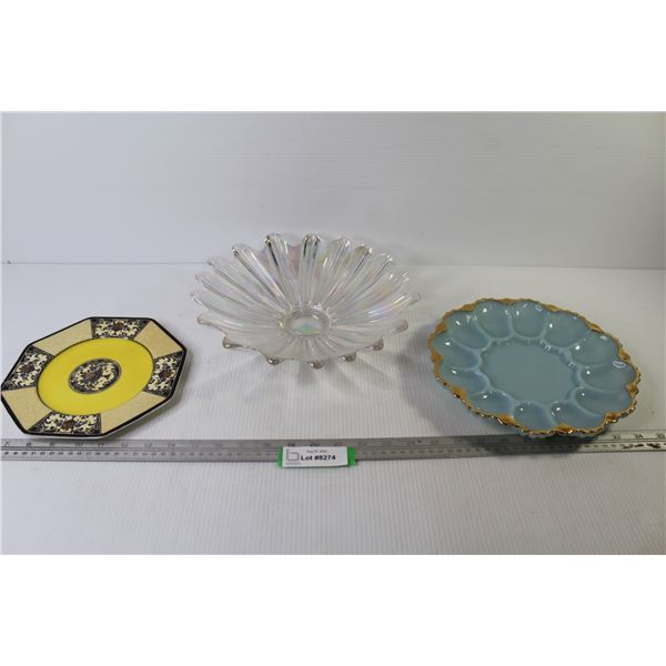 (3) Assorted Vintage Glassware - Deviled Egg Platter - Iridescent Bowl - Wedgewood Plate