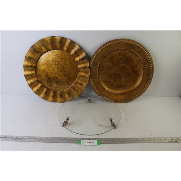 Round Glass Plate Stand w/Brass Grape Feet - (2) Plastic Platters