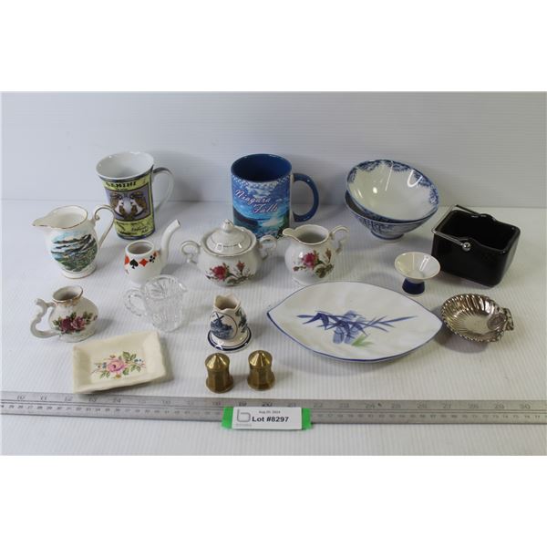 Assortment of Ceramic Dishware - Brass Salt & Pepper Shakers