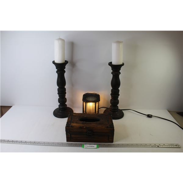 15" Wooden Candle - Metal Lamp (working) - Wooden Kleenex Box