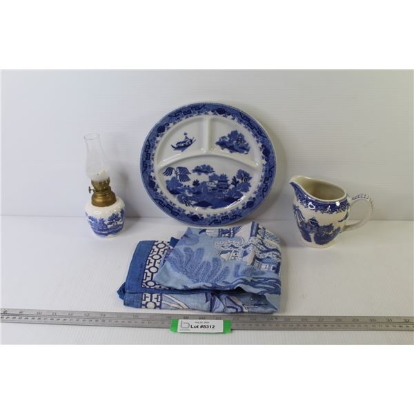 Blue Willow - Divided Plate - Miniature Oil Lamp - Creamer - Tea Towel