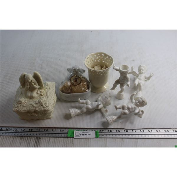 (4) Plastic Cherub Decorations, Angel Trick Box and Dish