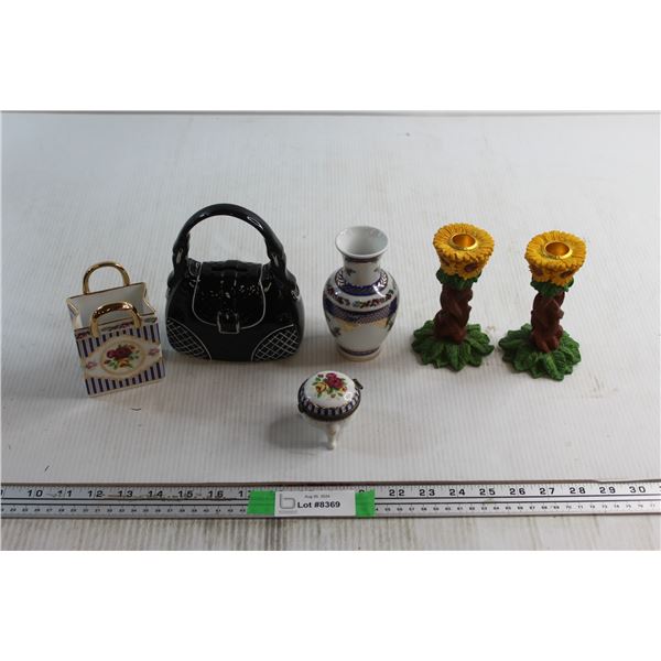 (2) Ceramic Decorations, (2) Candle Holders, Bag Piggy Bank and Vase