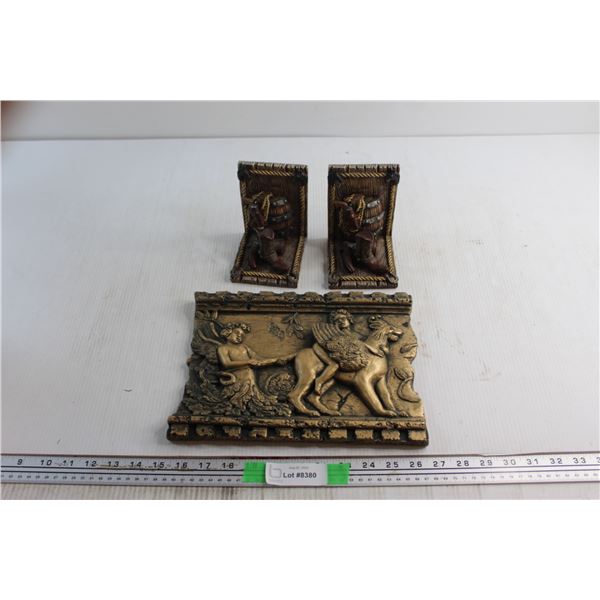 (2) Cowboy Bookends and Greek Wall Decoration