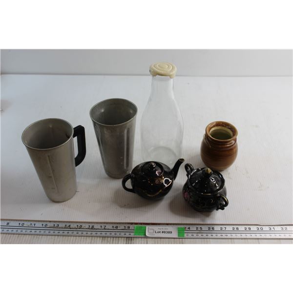 Tea Pot and Sugar Bowl - Chipped, (2) Aluminum Milkshake Cups, Vase and Sealable Bottle