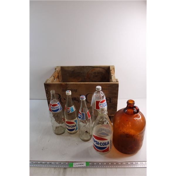 Vintage Pepsi Cola Wooden Crate and (6) Pepsi Glass Bottles