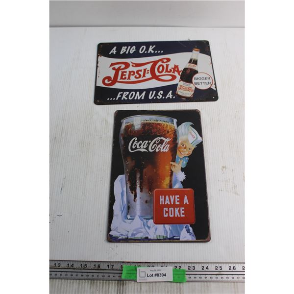 (2) Advertising Coca Cola and Pepsi Signs - 12'' x 8''