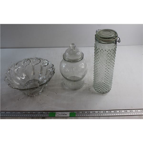 (2) Assorted Glass Storage Jars and Bowl