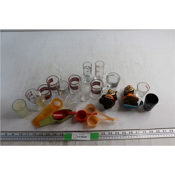 (13) Assorted Mini Mugs, (2) A&W Plush Bears, Assorted Measuring Cups and Misc.