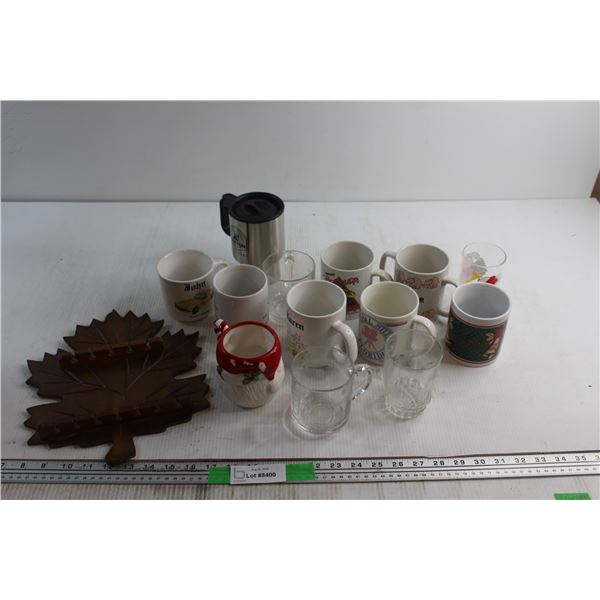 Wooden Maple Spoon Rack, (12) Assorted Mugs and Breton Thermos Cup