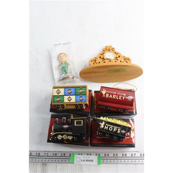 Rodger Aldag Figurine, Wooden Stand Clock and (4) Assorted Beer Train Ornaments