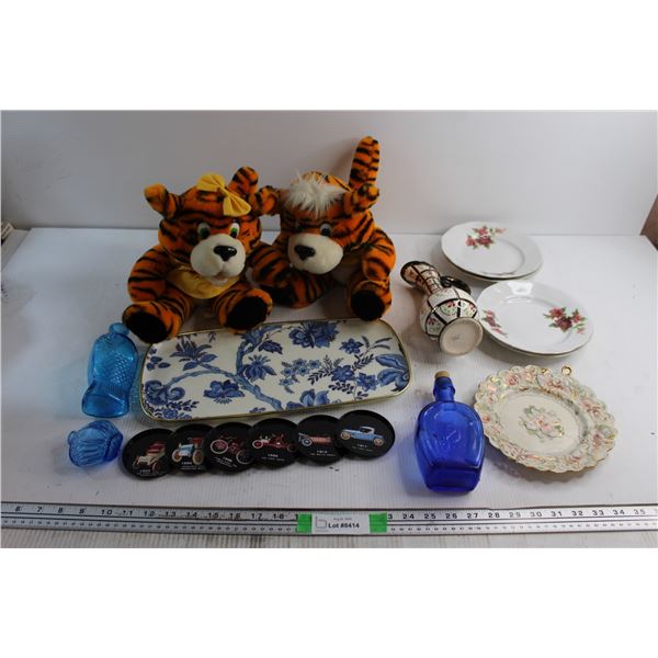 (2) Plush Tiger Toys, Serving Tray, Japanese Pitcher, (4) Regent Plates and Misc.