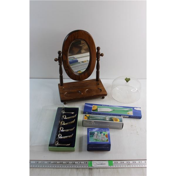 Wooden Framed Mirror, Knife Rest Set, Silver Salt&Pepper Shakers and Misc.