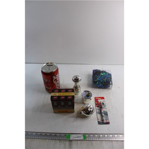 Coca Cola Piggy Bank and Store Tin, (3) Timers and Misc.