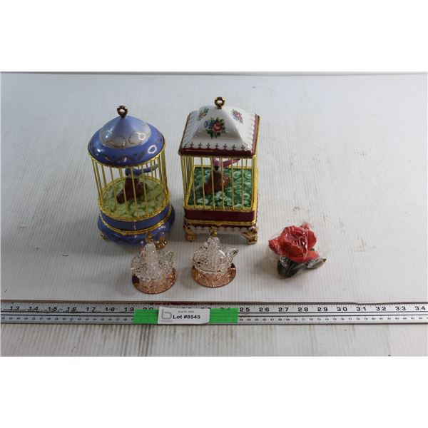 (2) Porcelain Bird Cage Jewelry Boxes and (3) Handmade Glass Ornaments and Ceramic Rose