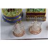 Image 2 : (2) Porcelain Bird Cage Jewelry Boxes and (3) Handmade Glass Ornaments and Ceramic Rose