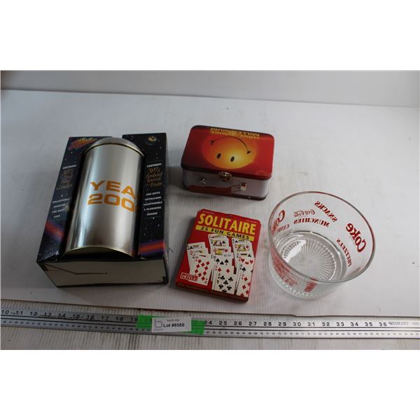 Coca Cola Snack Bowl, Time Capsule Temon with Candies, Solitaire and Tin Lunch Box
