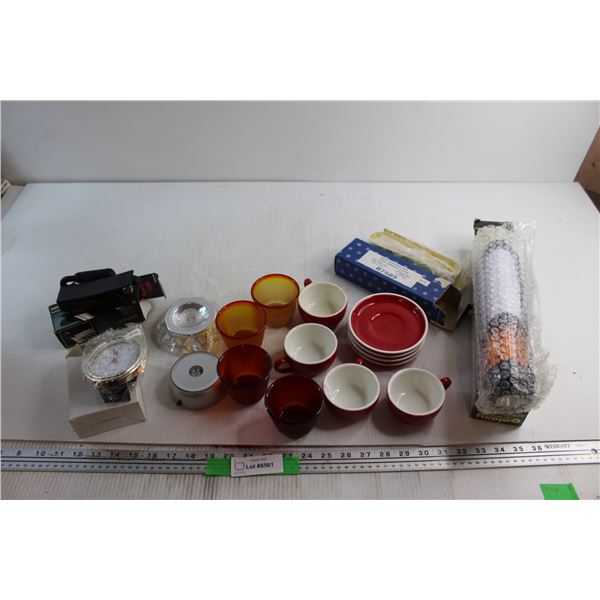 (8) Tea Cups and (4) Saucers, Mark II Galaxy Light, Brass Newspaper Rack and Misc.