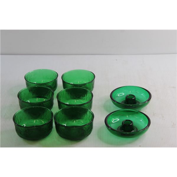 (6) Green Glass Bowls 5'' and (2) Green Glass Candle Holders