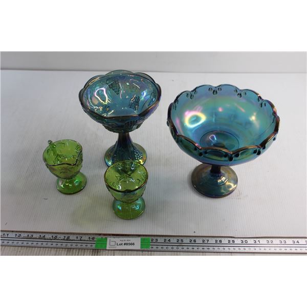 (2) Indiana Blue Iridescent Carnival Glass Footed Bowls and Green Glass Cream and Sugar