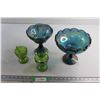 Image 1 : (2) Indiana Blue Iridescent Carnival Glass Footed Bowls and Green Glass Cream and Sugar