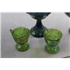 Image 2 : (2) Indiana Blue Iridescent Carnival Glass Footed Bowls and Green Glass Cream and Sugar