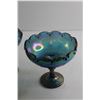 Image 4 : (2) Indiana Blue Iridescent Carnival Glass Footed Bowls and Green Glass Cream and Sugar
