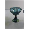 Image 5 : (2) Indiana Blue Iridescent Carnival Glass Footed Bowls and Green Glass Cream and Sugar