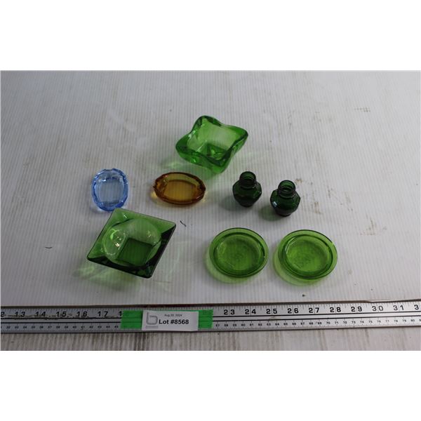(2) Green Glass Jar Lids, (4) Ash Trays and Salt and Pepper Shakers