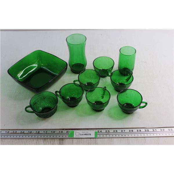 (7) Green Glass Cups, (2) Vases, and Bowl