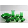 Image 6 : (7) Green Glass Cups, (2) Vases, and Bowl